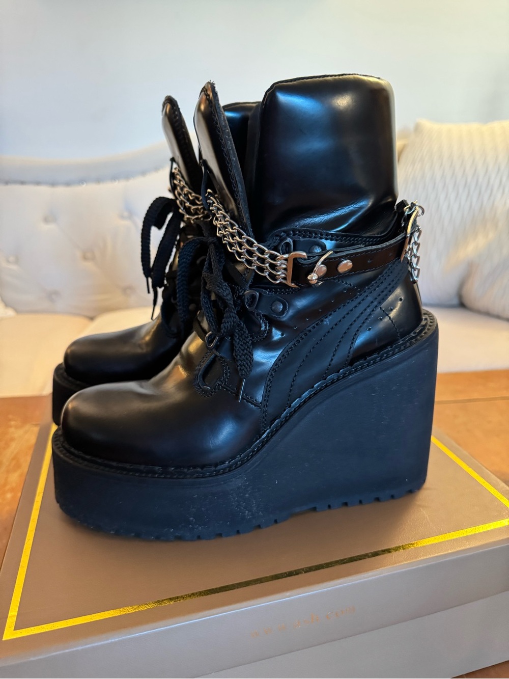 Rhianna Fenty Puma Collab. Black Platform Lace-Up Boots with Silver Chain Accent - Picture 5 of 9
